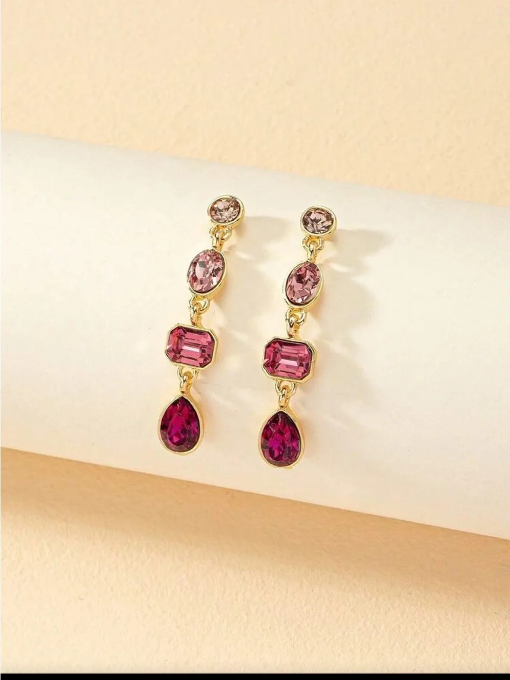 Gold Drop Earrings with Pink Gemstones - Elegant Women Jewelry